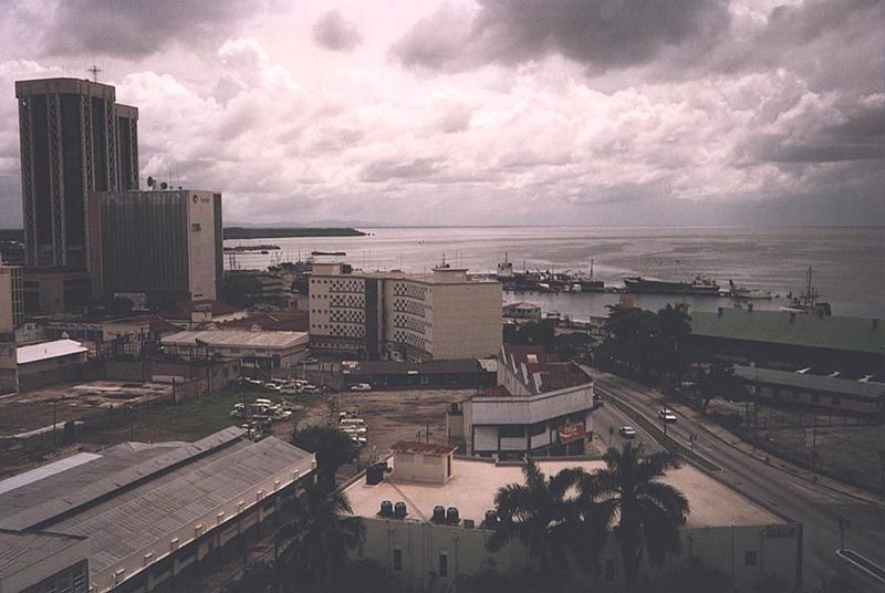 Port-of-Spain's harbor, with its cruise-ship complex on the right and, on the left, the towers of the central bank and national petroleum co