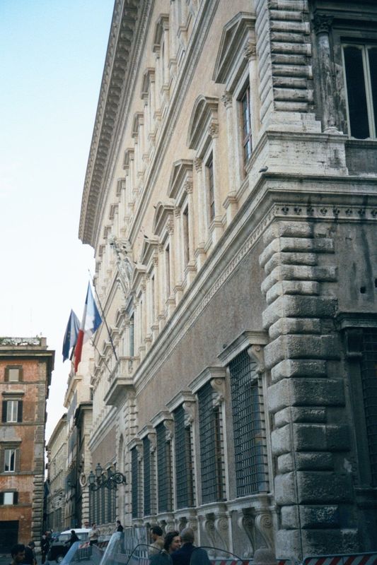 The facade is 185 feet long, 96 high, and of brick covered with stucco and stone. The stone was quarried from the Coliseum and the Theater o