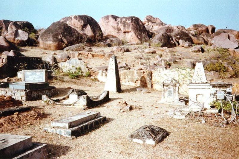One of the grimmer graveyards in India, this one stands on the west side of Shorapur, once a small princely state. The author and administra