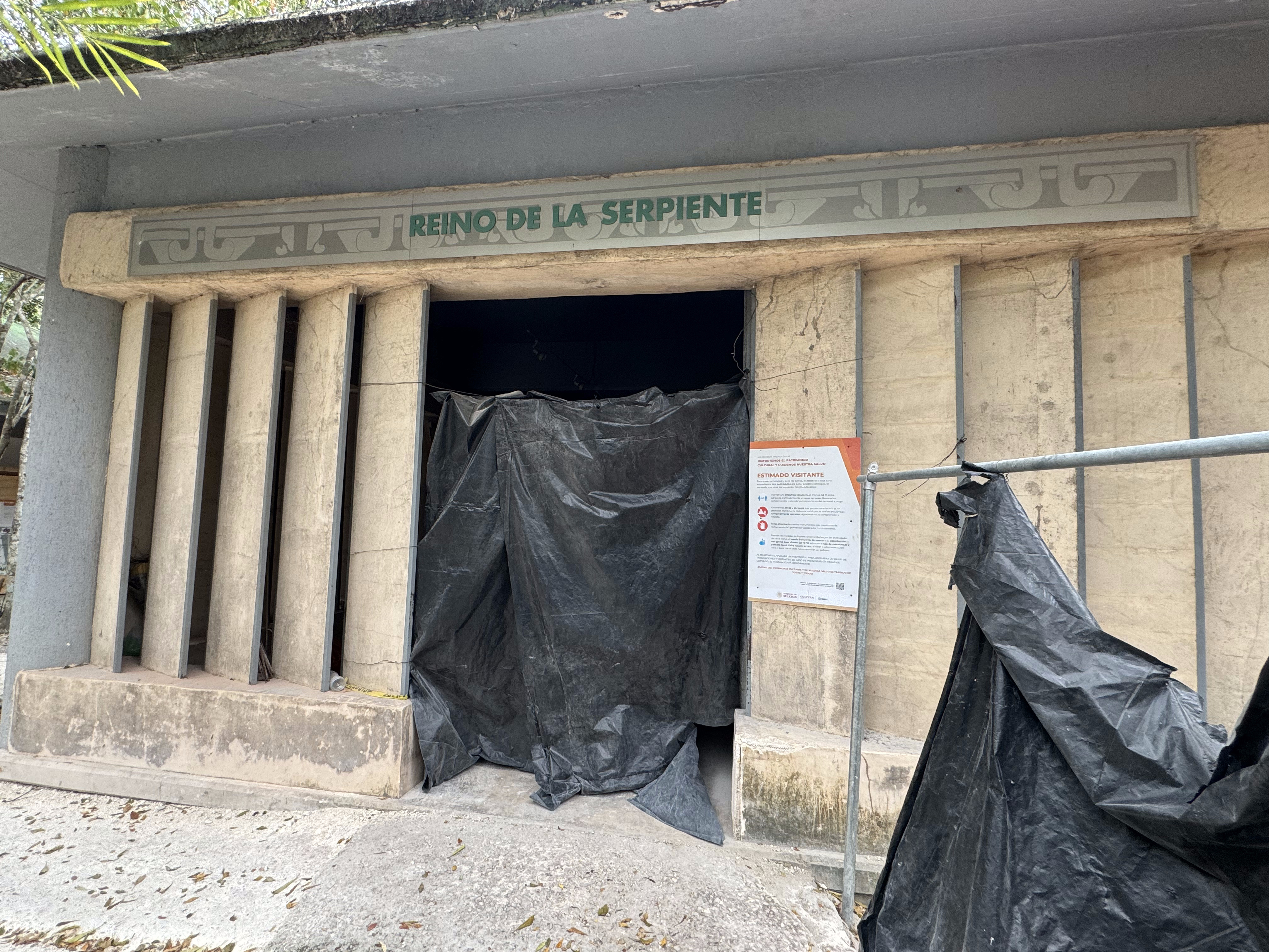 Have to wait for the museum.  The name above the doorway comes from the name of Calakmul's kings, k'uhul kaanal ajaw, Divine Lords of the Sn