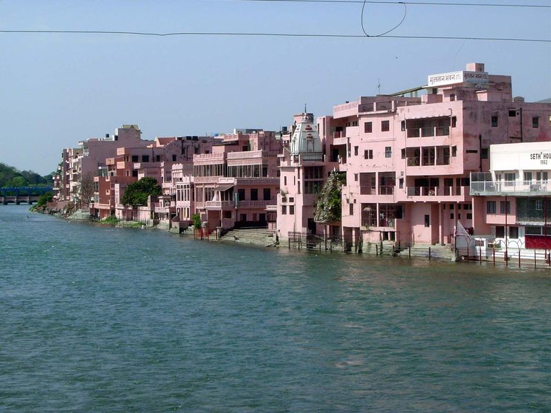 A view of the riverfront, taken from a bridge.