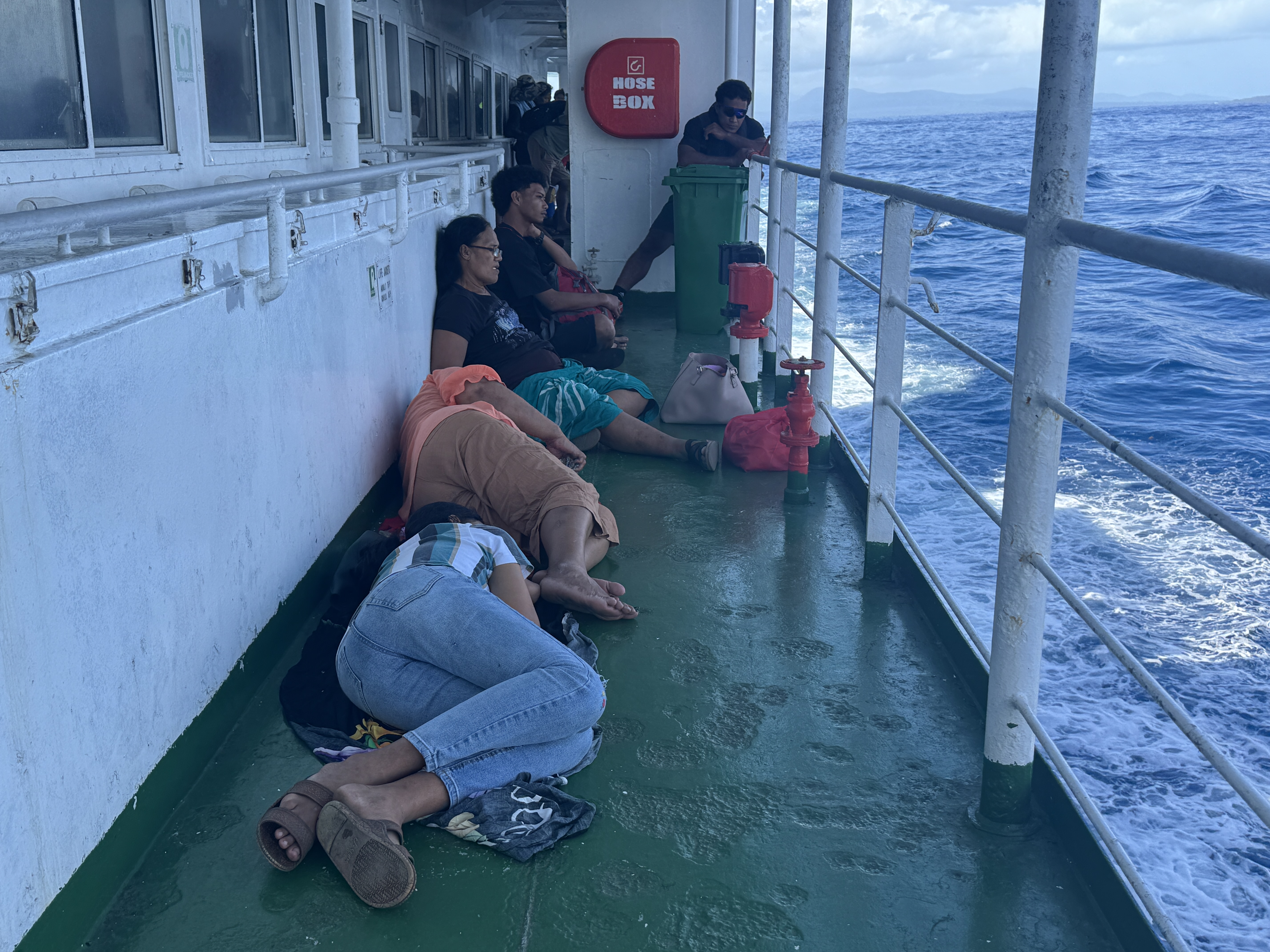 Smarter ones sleep upstairs.  It's a 90-minute trip, and the swell is strong enough that if you're walking you'll want to hold on to somethi
