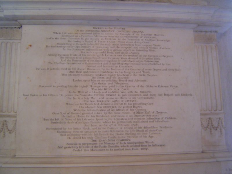 The caption reads in part: "Sacred to the memory of Rev. Frederick Christian Swartz, whose life was one continued effort to imitate the exam