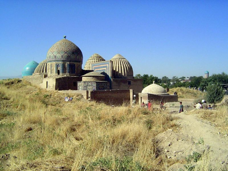 We're turned to the left, where another cluster of mausolea line the same axis. The high central dome is the mausoleum of Shirin Beq. Opposi