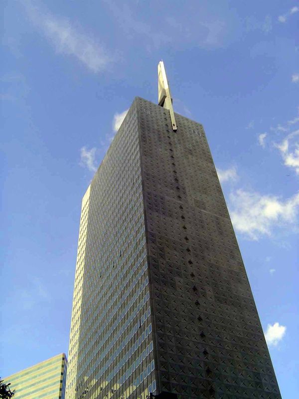 Here is where it began. It's the Harrison and Abramovitz-designed Republic Center of 1954, which replaced Republic Bank's old headquarters—n