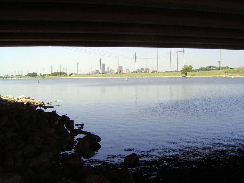 The view upstream from the overpass at the lowest of the dams.