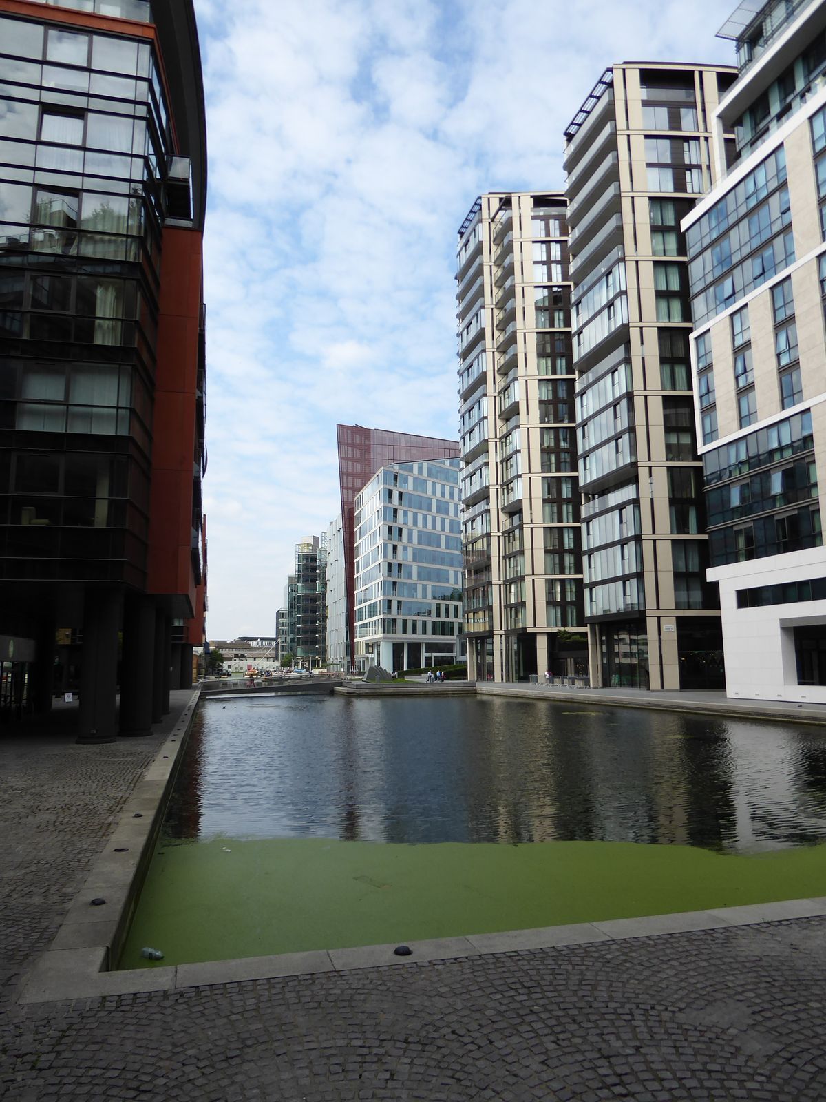Water helps: here, office buildings line up at the dead-ending Paddington Basin, a spur off the Grand Union Canal from London to Birmingham.