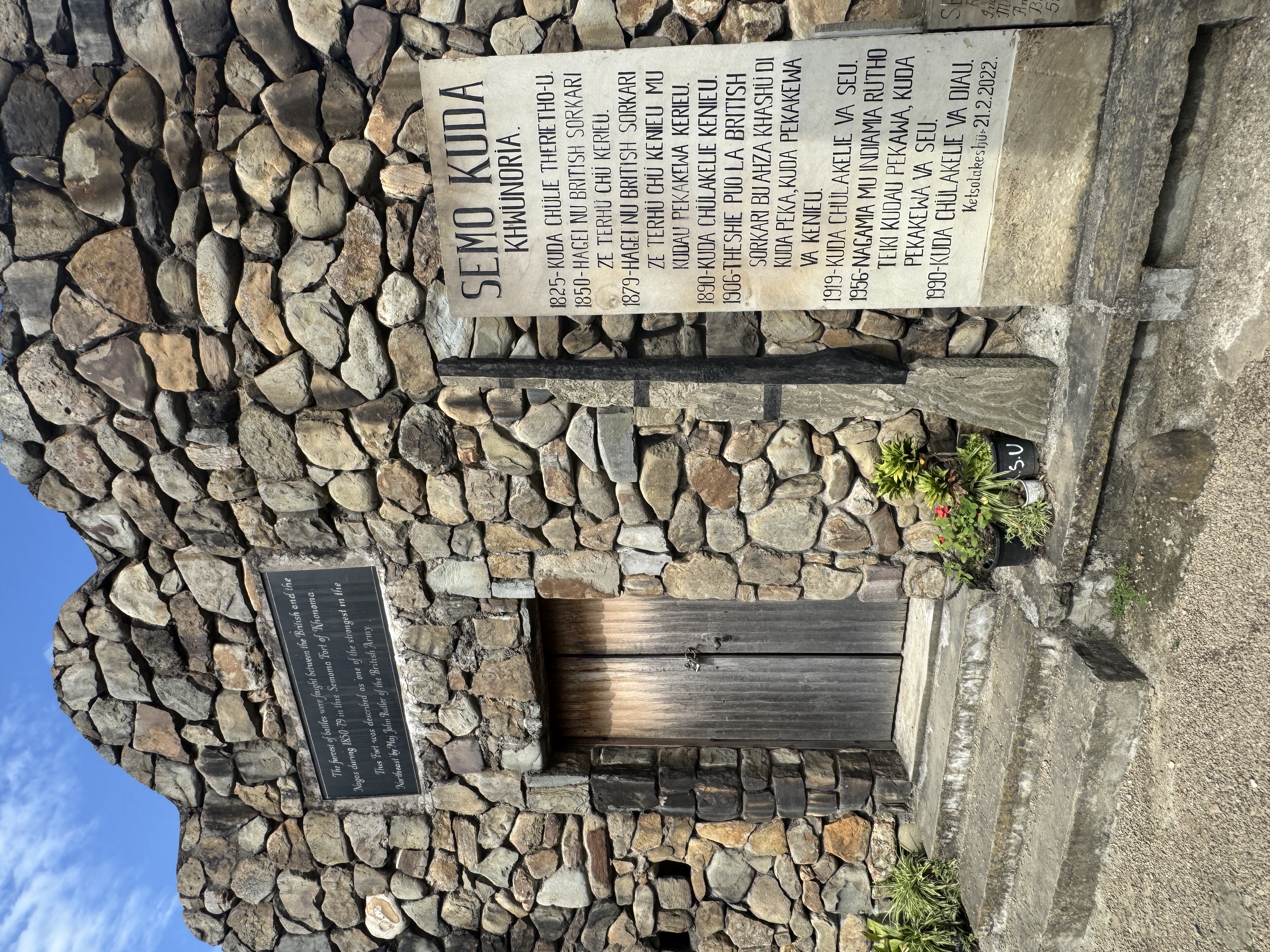 The sign says that the fort was built in 1825 and demolished by the British in 1879.  It was rebuilt in 1890, demolished by the British agai