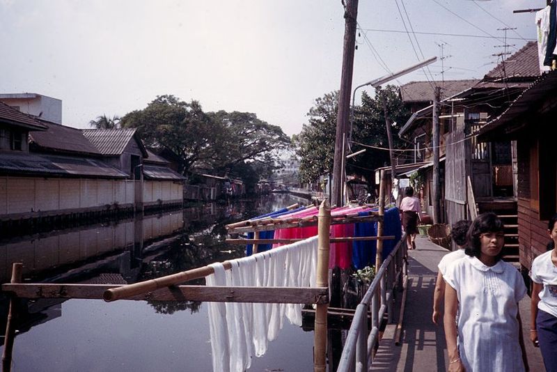 As recently as 1981, when this picture was taken, hanks of freshly dyed silk were hung out to dry along the khlong.