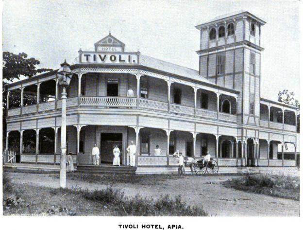 The Tivoli Hotel opened in 1892.  Perhaps the tower was built to keep an eye out for ships.  Could it have held a water tank?

Greene, p. 45