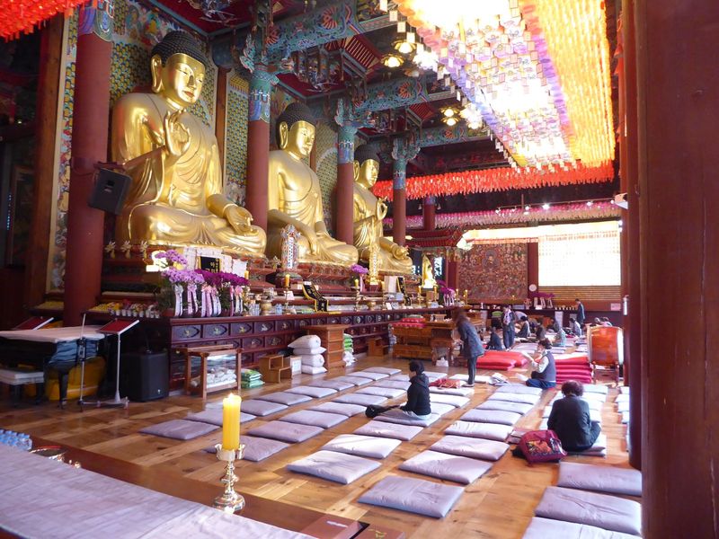 Inside, the faith is real, though the huge statues were installed in 2006. The exception is the small one in the distance.