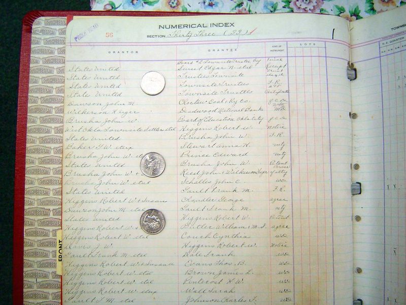 The original entries in Section 33 included the Oklahoma City townsite top coin and patents to John Brusha for the northwest quarter and Rob