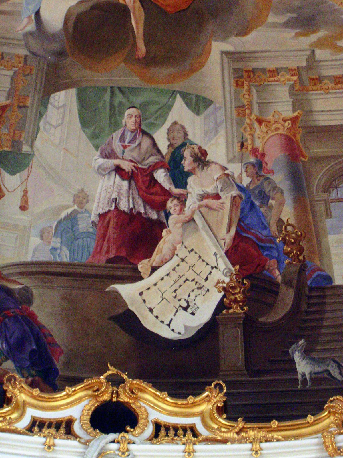 A painting high in the same room shows a proud Damian Hugo von Schöborn, Bishop of Speyer, posing with the plans. It was he who hired the fi
