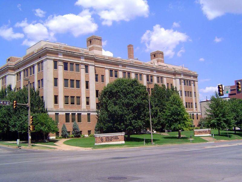 The first building of the University of Oklahoma's medical school is now the College of Public Health and is nearly lost amid the 300 acres 