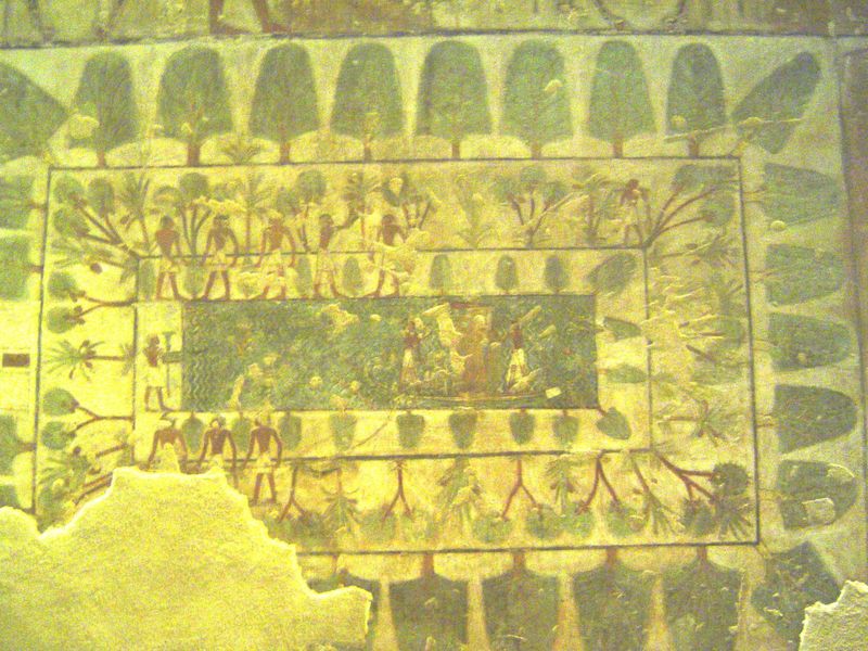 The topics on the opposite wall are more personal. A gardener at the upper right waters trees; at the left, a priest wafts incense. Rekmire 