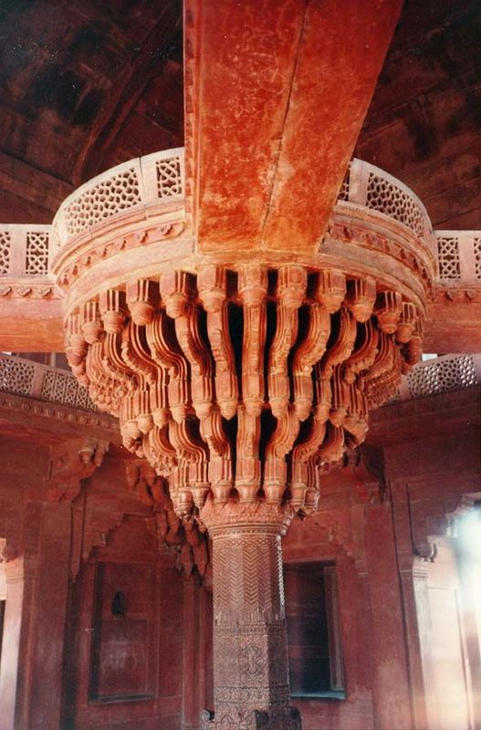 Inside, there's only one room, with this ornately corbelled column, atop which Akbar is said to have sat in council, master of the four quar