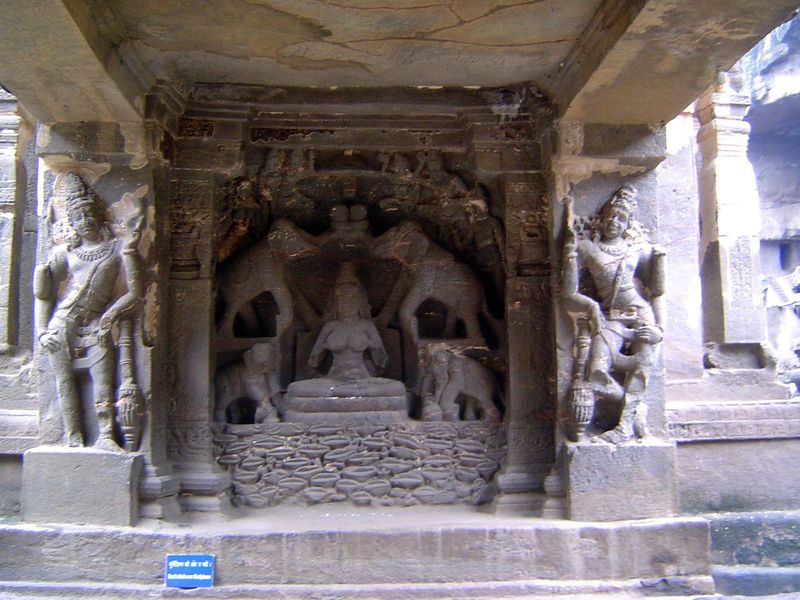 Gajalakshmi, which is to say Lakshmi with elephants, watches over the entrance to Kailash.