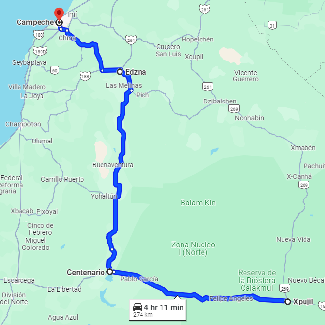 Leave Xpujil, head west to Centenario, go north to Edzna, and continue to and around Campeche.  Duck soup.