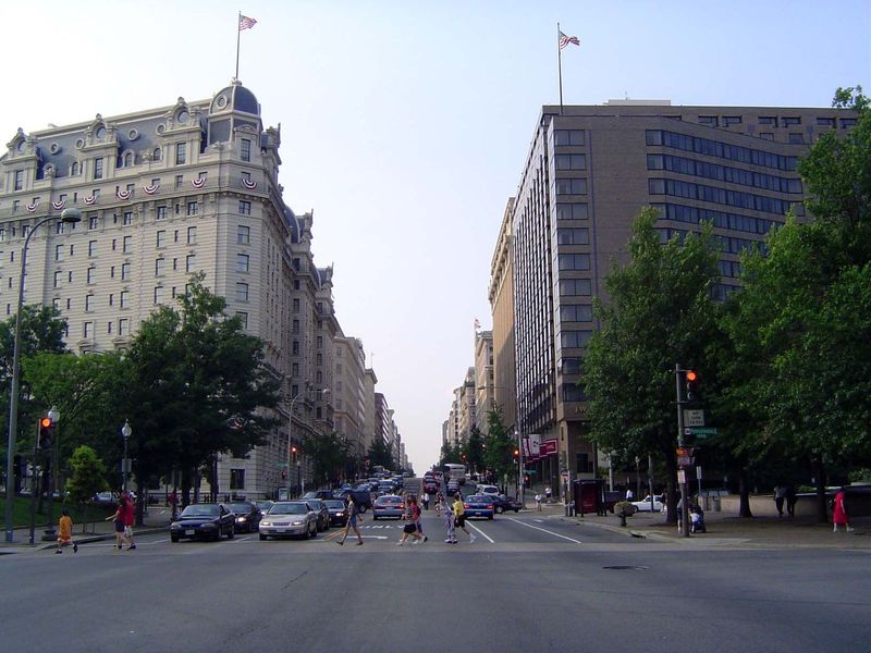 From the street outside, you get more testimony. That's the J.W. Marriott hotel on the right and the venerable Willard on the left. Opened i