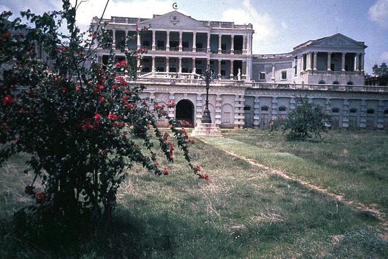 Front view, from the overgrown terrace. Designed by British architects in 1872, Falaknuma was built as a private home by Sir Vikar-ul-Umra, 
