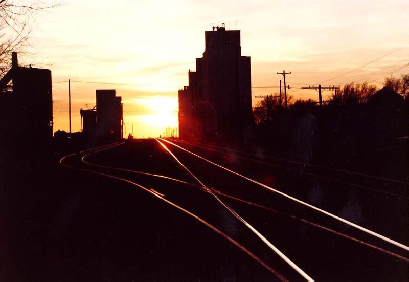 Grain elevators along the tracks at Tribune, Kansas. The town is named for Horace Greeley's newspaper.