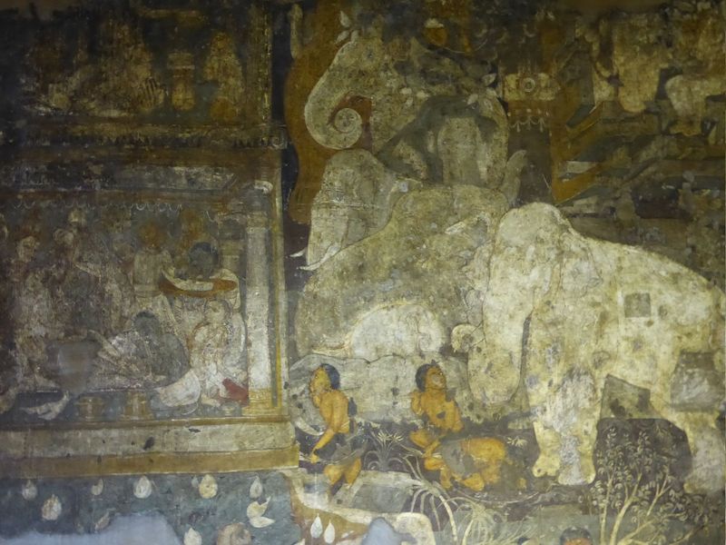 Many of the walls are covered with illustrations of a Jataka, the hundreds of ancient tales of the Buddha's past lives. This is one of the m