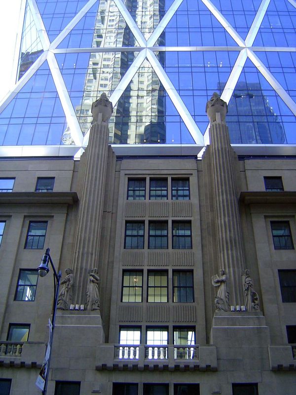 The Hearst Building by Norman Foster rises at 8th Avenue at 57th behind the International Magazine Building of 1928. William Randolph Hearst