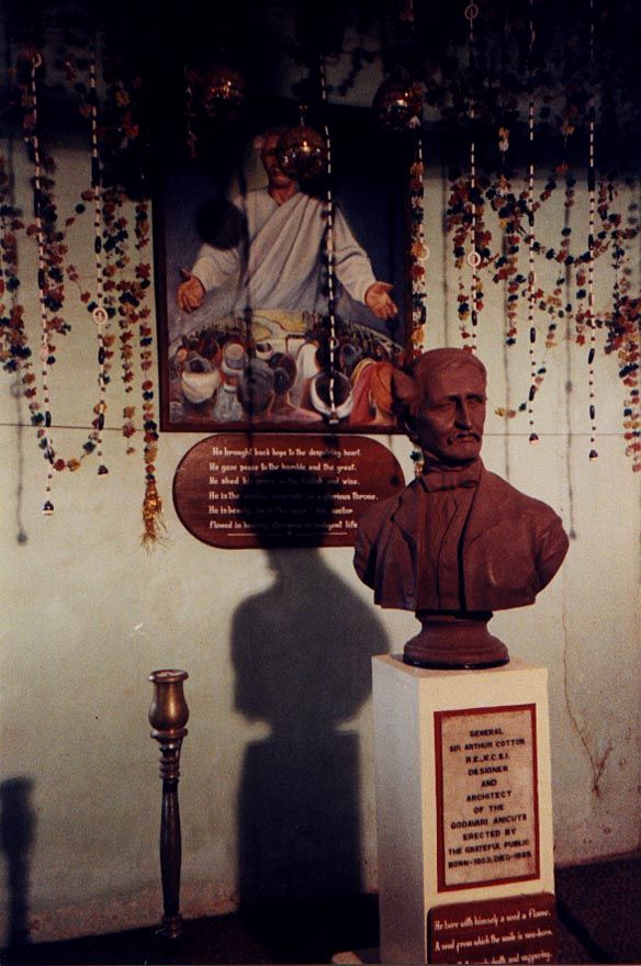 Sir Arthur himself, seen in a bust and in a Christ-like portrait. Both are in a museum in Rajahmundry, at the head of the Godavary Delta and