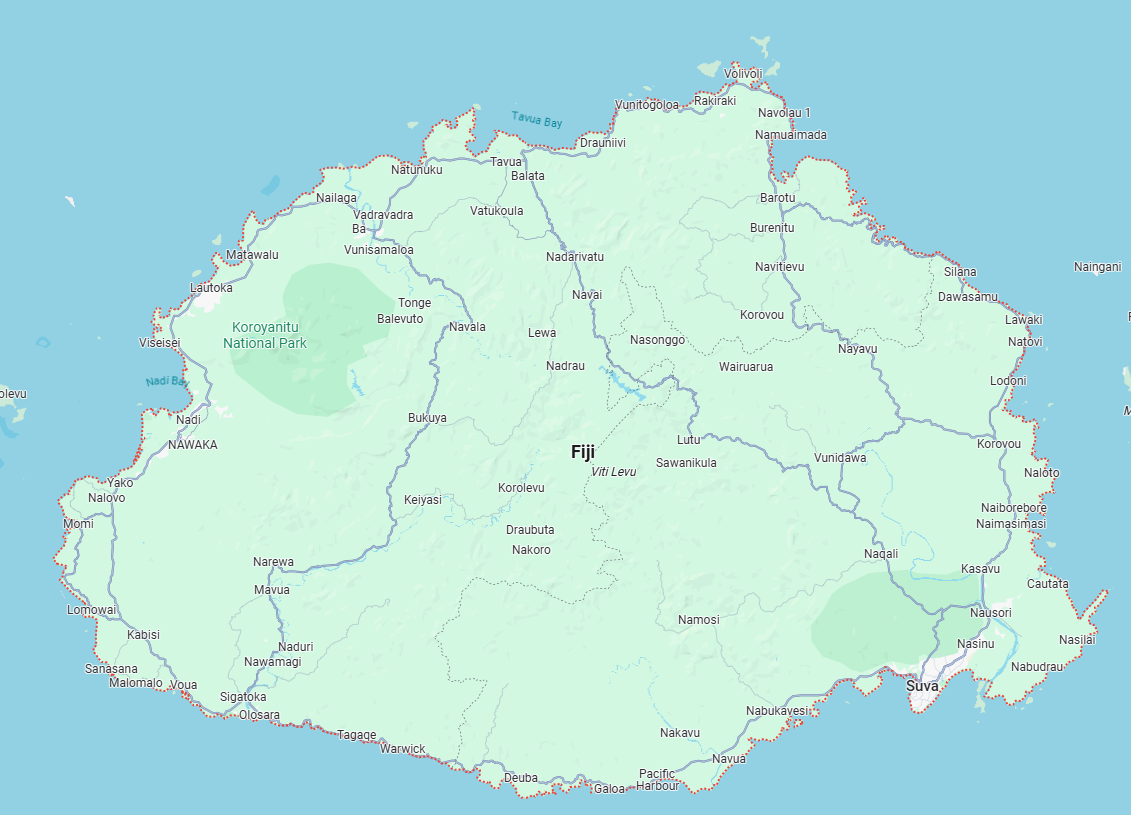 Here's Viti Levu, literally Great Fiji.  East to west, it's about 90 miles across.  Population: 600,000.

Ten years ago I drove from Nadi at