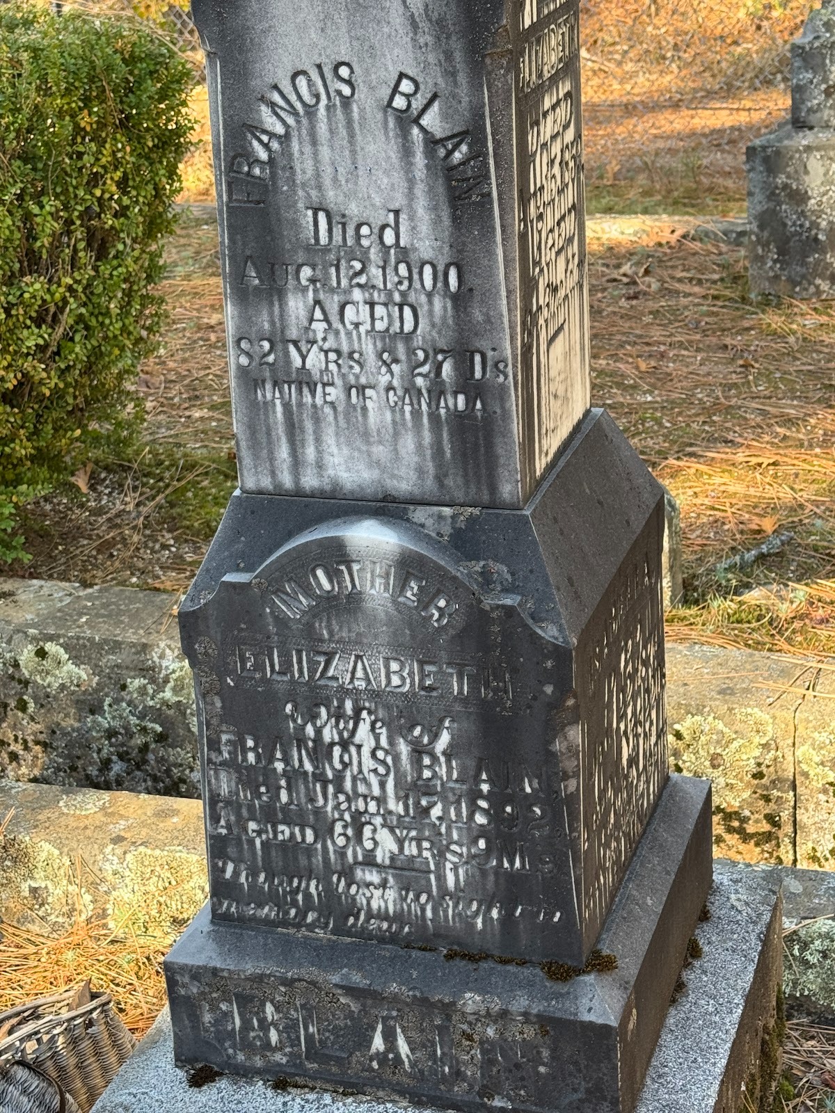 Francis Blain, a Canadian who died here at 82.  But wait! Go back 18 years before he died.