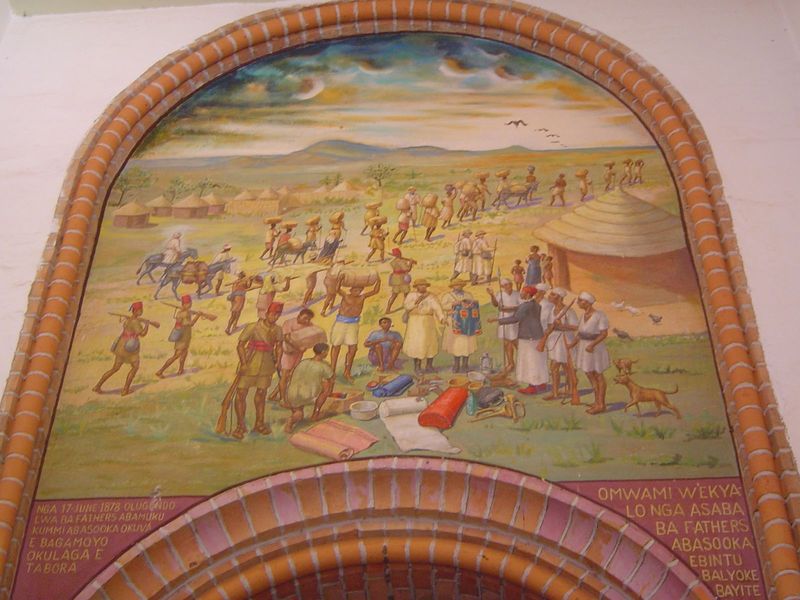 Anglicans weren't alone. Here's a mural on a wall in the huge Rubaga Cathedral. It shows the arrival of the White Fathers, a Catholic order 