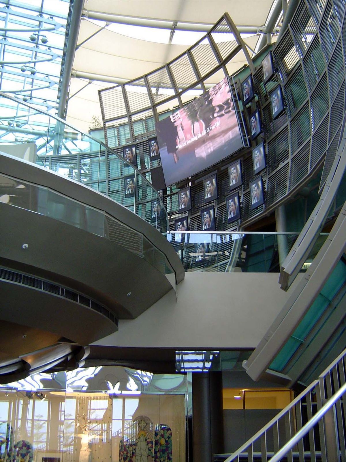Video displays remind visitors that this is an IT paradise.