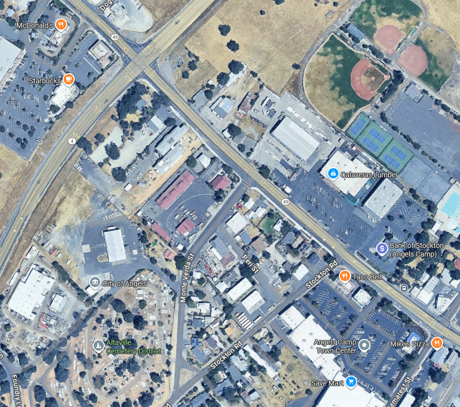 Result: commercial activities have moved a mile north to Altaville, with space for big-box buildings and still bigger parking lots.  This is