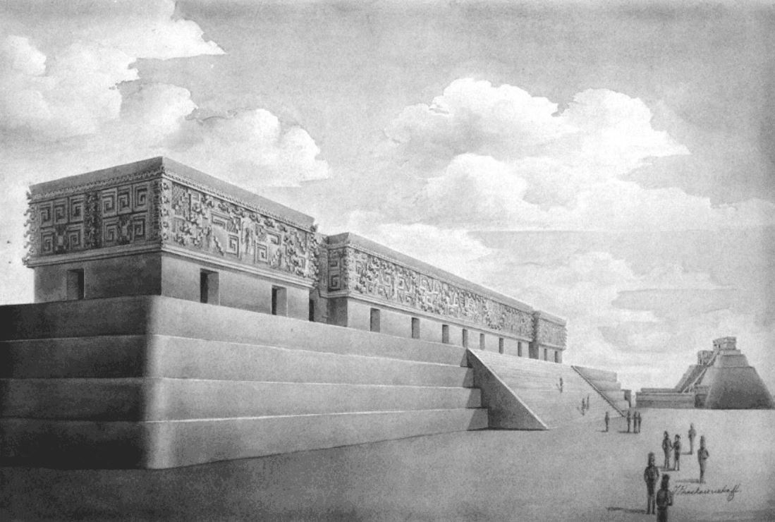 Here's the building that archaeologists set out to restore.   Is it an improvement over the building photographed in 1860?   The drawing is