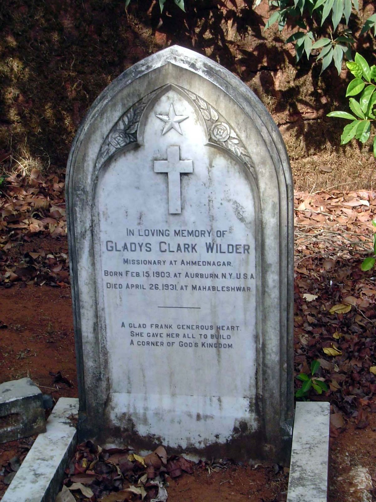 A surprising number of graves are of American missionaries, in this case a woman who presumably came up from Ahmednagar to regain her health