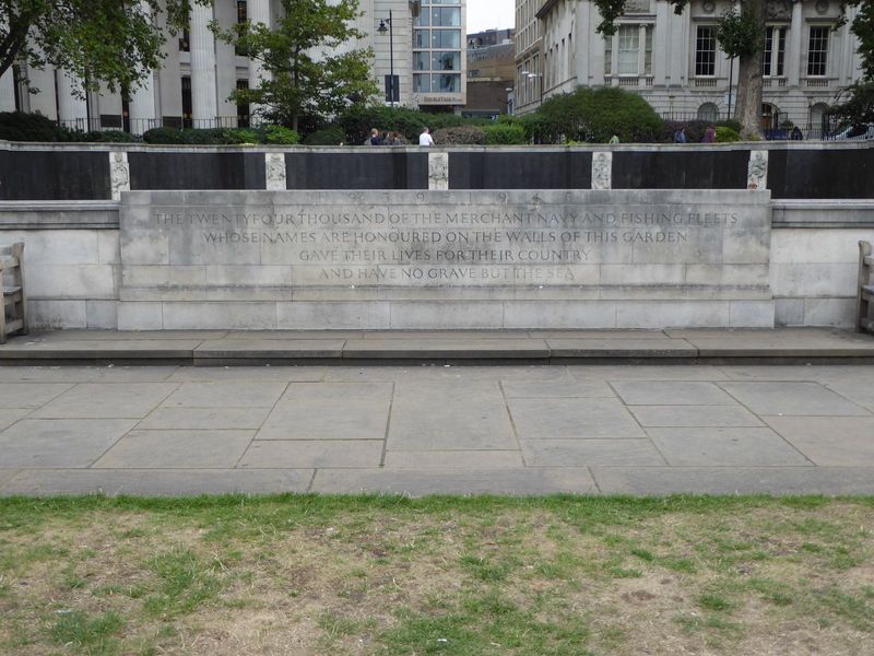 Trinity Square Gardens, near the Tower of London. By Edward Maufe, the sunken garden behind the wall lists the 24,000 men of the merchant ma