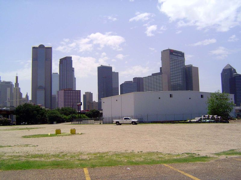The view from the historically important corner of Pacific Avenue and North Hawkins, where the first two railroads of Dallas crossed. The wa