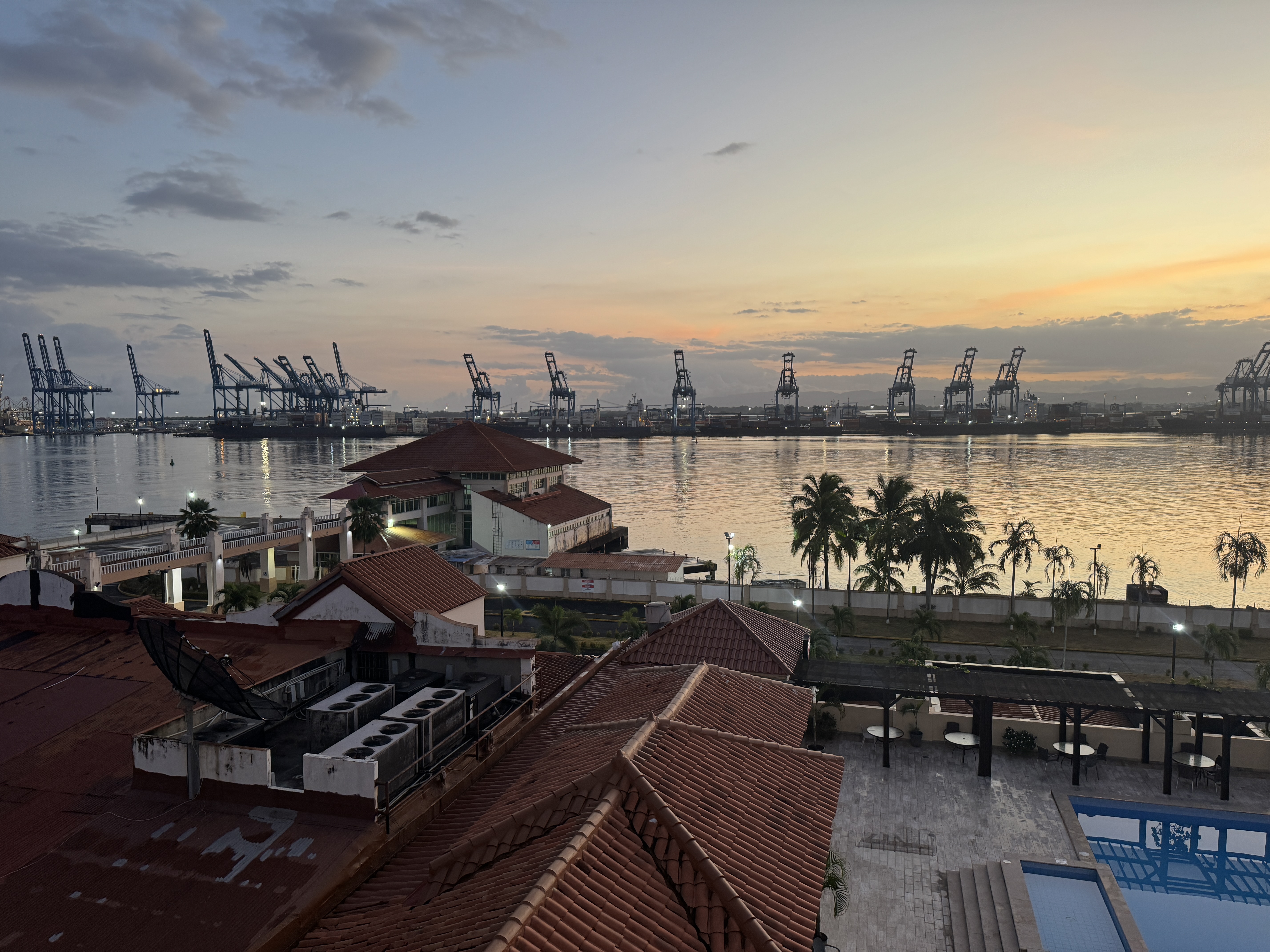 We're looking over the adjacent casino.  Stay here a couple of days and you'll see ships coming and going, chiefly to pick up and drop off c