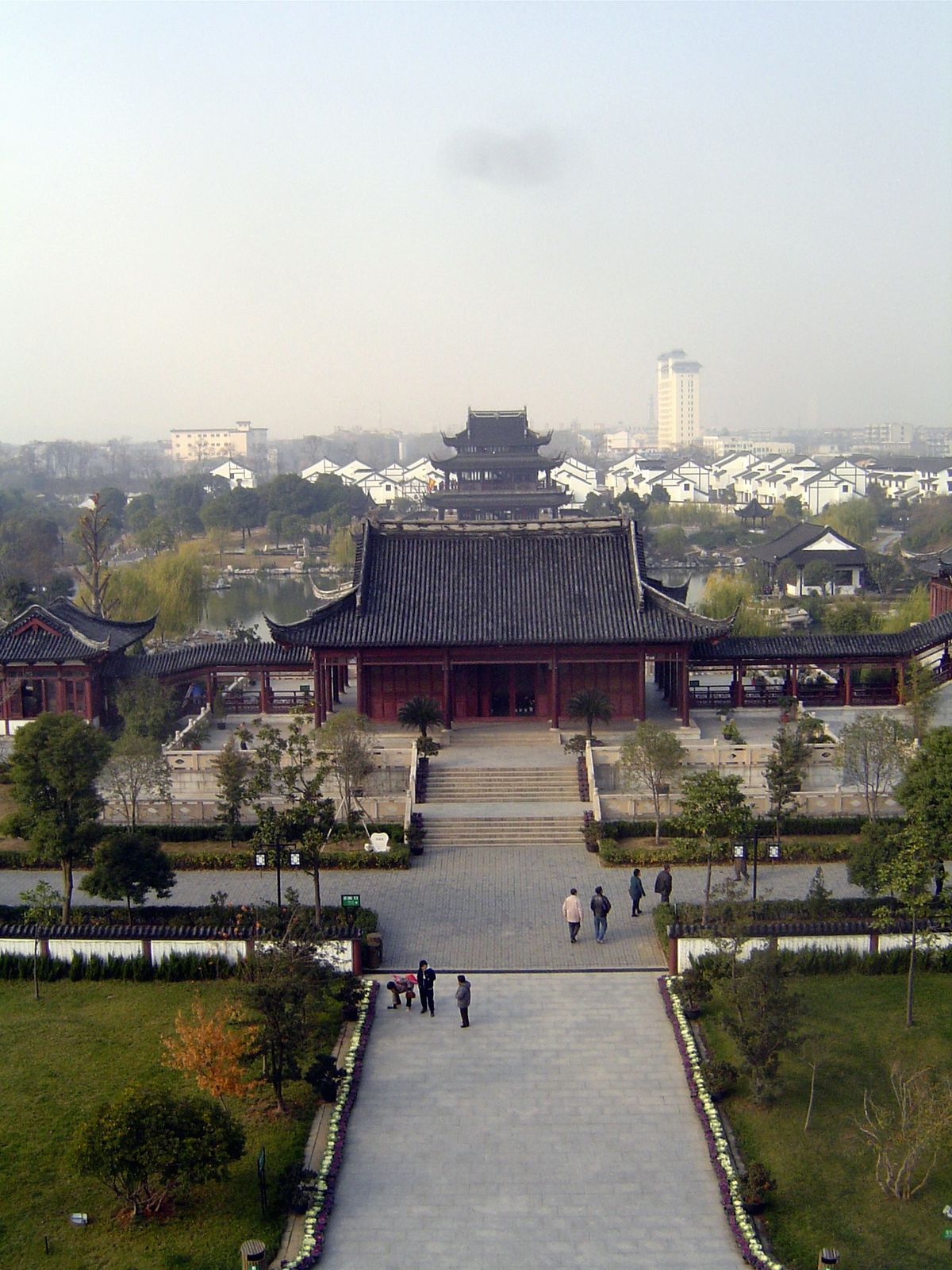 This is the view directly west from the top. The classically Chinese axial organization of the temple grounds forms a striking contrast with