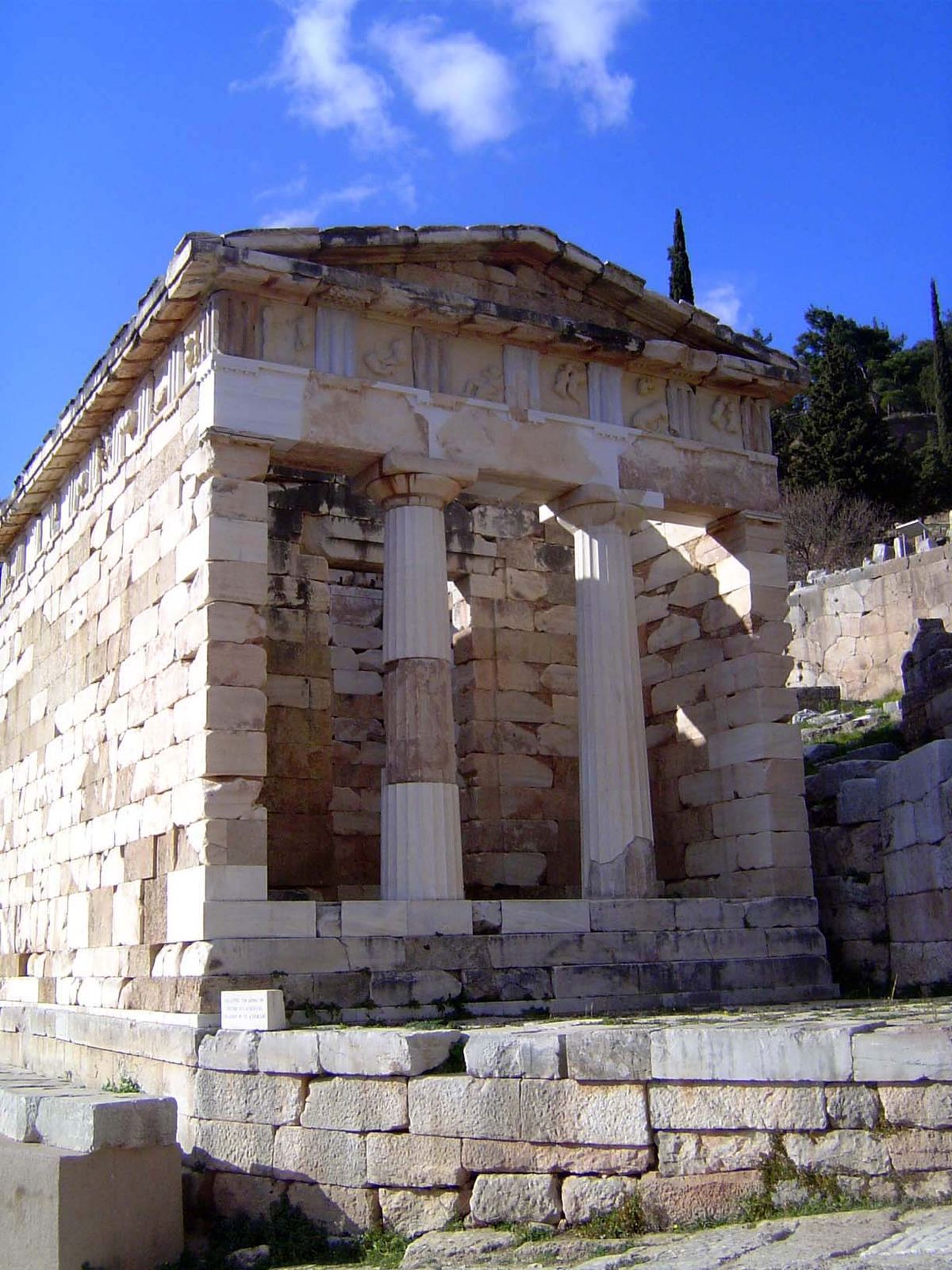 Reconstructed by French archaeologists in 1904-06, the treasury is a miniature temple. Built about 500, it has no steps because it was a vau