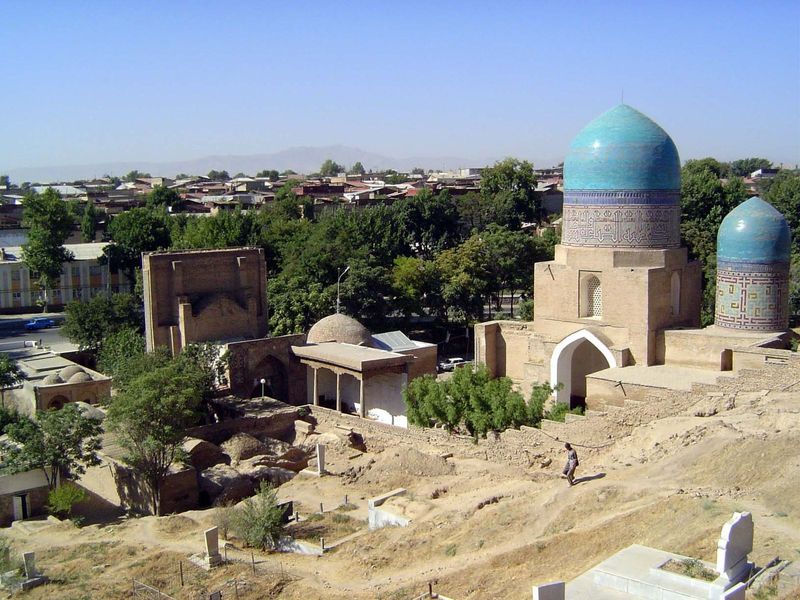 The view now includes the formal entrance, or pishtak, built by Uleg Beg about 1435.