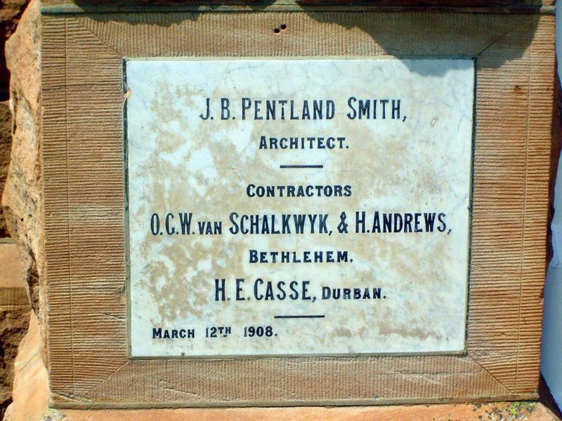 The church cornerstone reflects, once again, that odd pairing of English architect and Boer contractor.