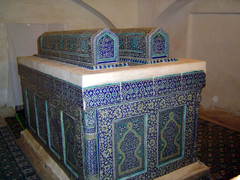 The cenotaph of Sayyid Ala al-Din dates from about 1305. The tile is coated with a silicious paste, then painted, then covered with a transp