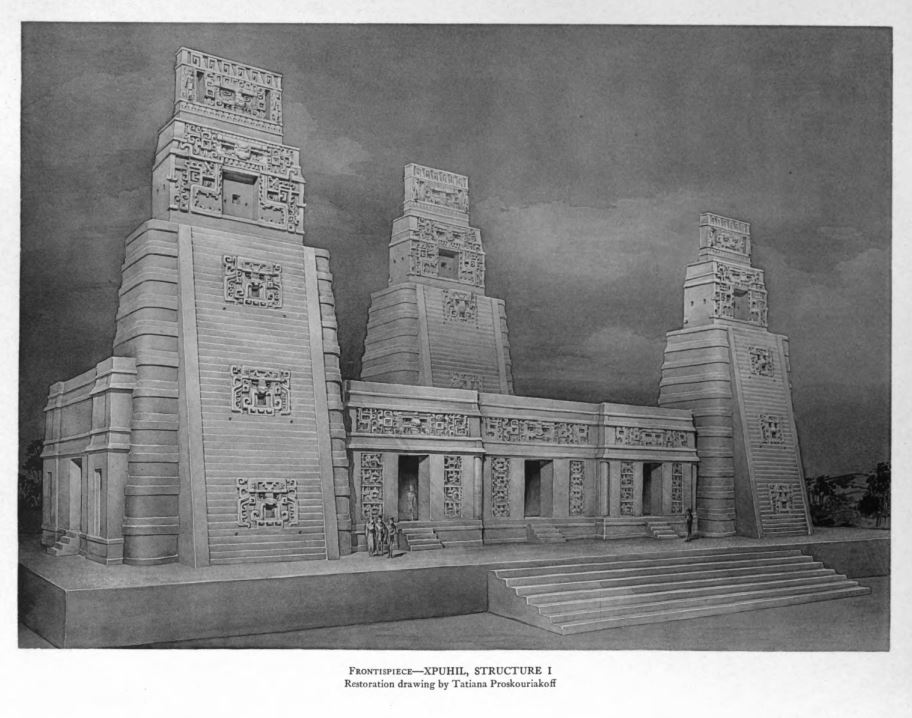 Their report includes this drawing by Tatania Proskouriakoff.  It appears as well in Proskouriakoff's An Album of Maya Architecture 1946, 19