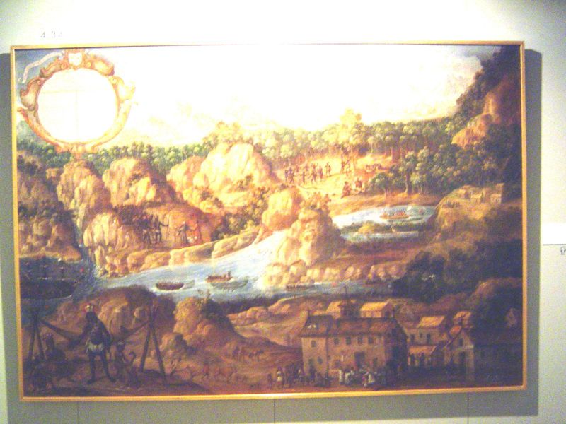 A Spanish vessel at the far left chases Indian canoes upstream.