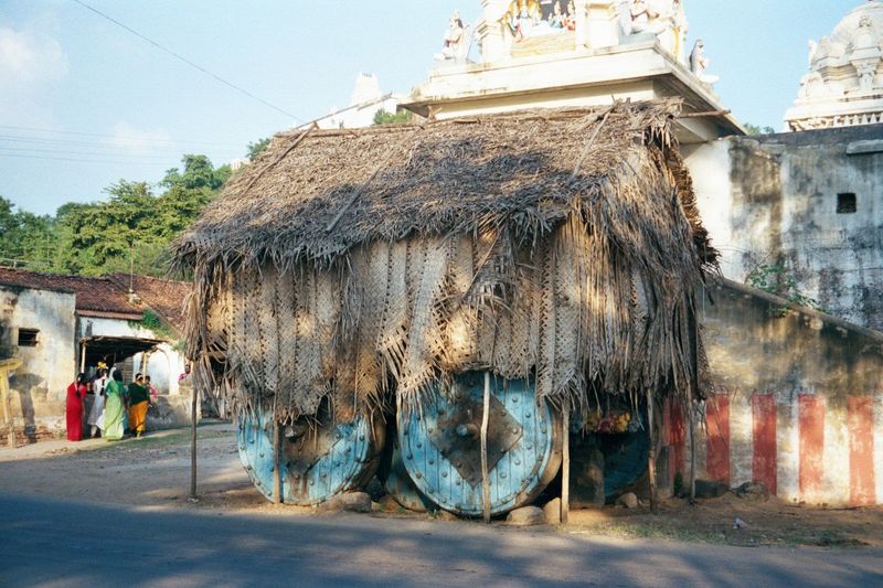The temple cart attached to Tiruneermalai. Twice a year, it's used to parade urchavar or metal images, the movable forms of the stone images