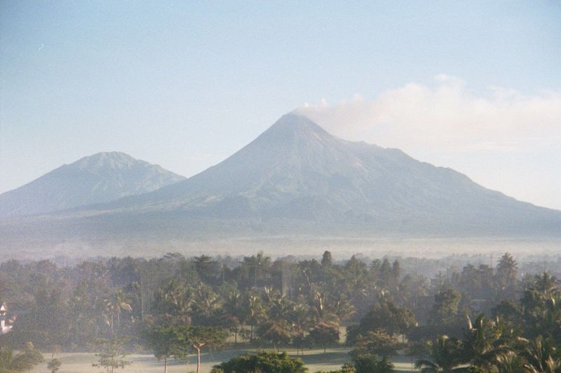 Merapi is about 20 miles east of Borobudur and about the same distance north of Yogyakarta, from where this picture was taken. Yes, that's a