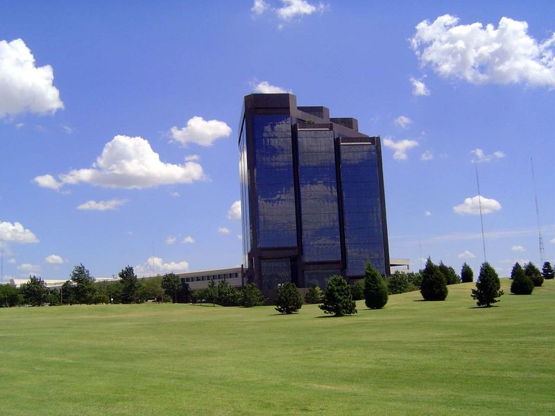 The 1991 crystal tower of OPUBCO, the Oklahoma Publishing Company, publisher of the renowned Daily Oklahoman. The printing plant, on the lef