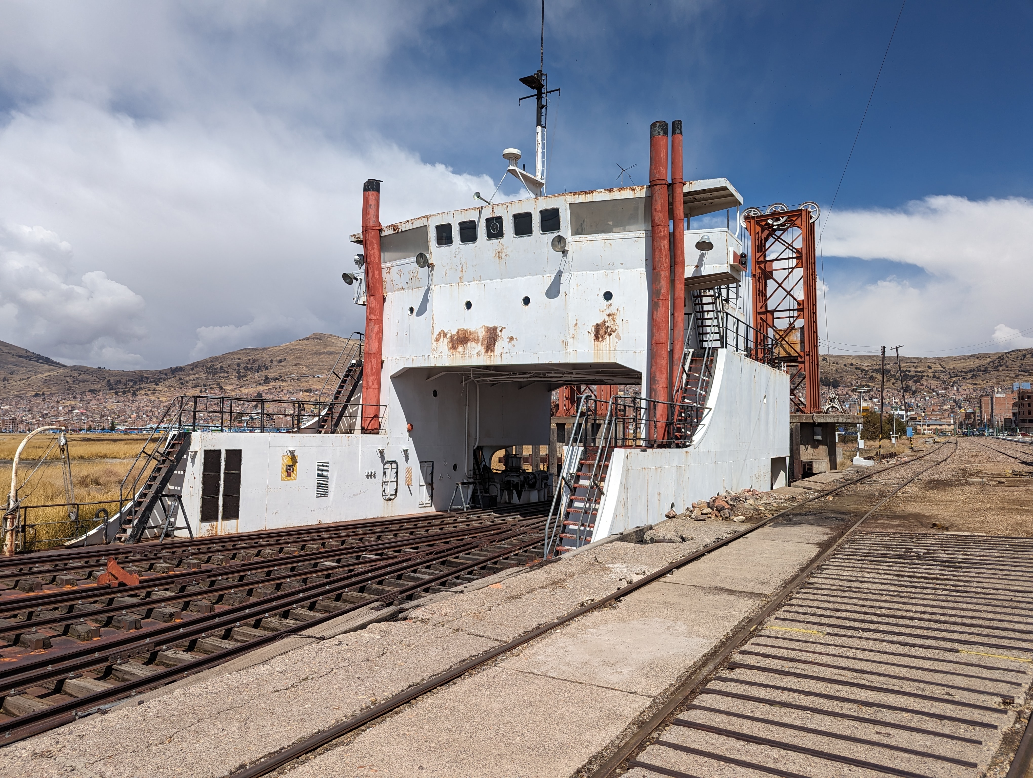 The rail ferry crosses or at least crossed, past tense to Quaqui, Bolivia.