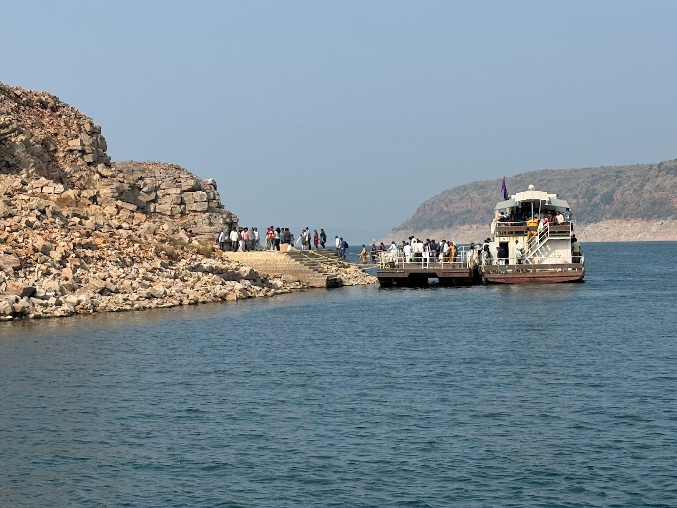 One of two docks at Nagarjunakonda.  Passengers are heading for very short visits to the ruins of Vijayapuri, an ancient city discovered in 